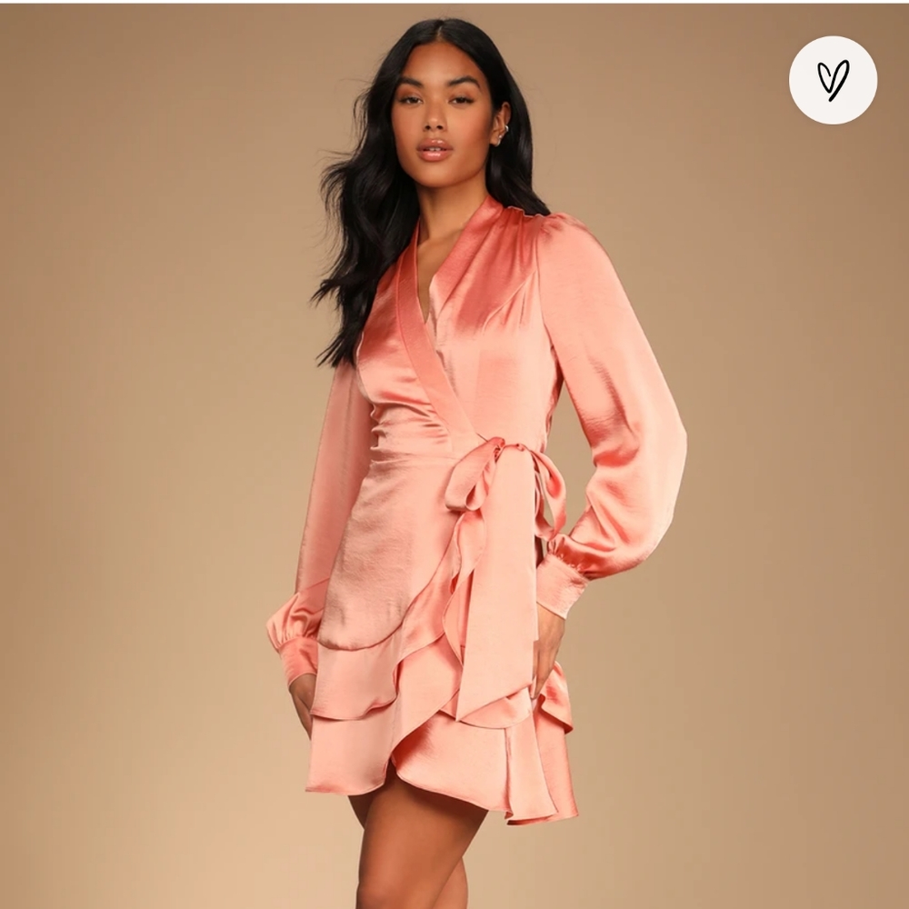Glow Forever Peach Pink Long Sleeve Ruffled Wrap Mini Dress